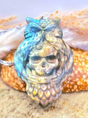 Labradorite Owl Holding Skull Pendant • Flashy Carved Crystal • 1.6" Necklace